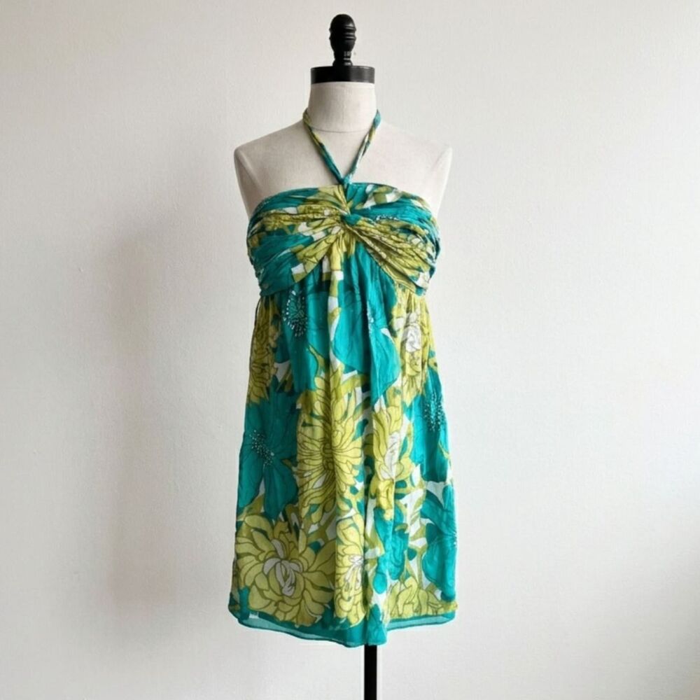 Y2K Ann Taylor Halter Dress Size 2 Silk Rayon Floral Mini Resort Tie Neck Vtg